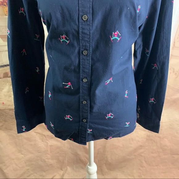 NEW Talbots Navy Embroidered Ski Print Button Down Shirt - Picture 3 of 10